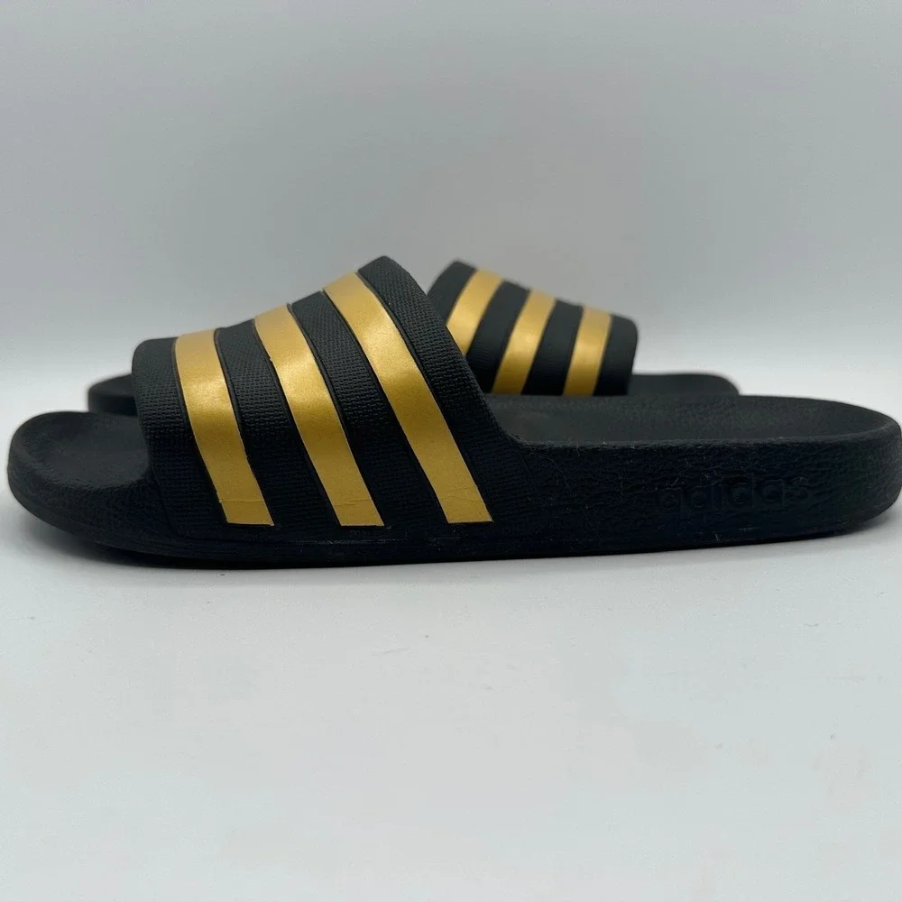 Adidas Adilette Aqua Slides Black Gold Stripes Men's‎ 7 Womens 8 Casual Comfort